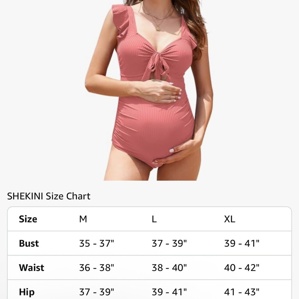 Charmo Womens Maternity One Piece Swimsuit Ribbed Tie Front Ruffle Pink UPF 50+ - Picture 3 of 3